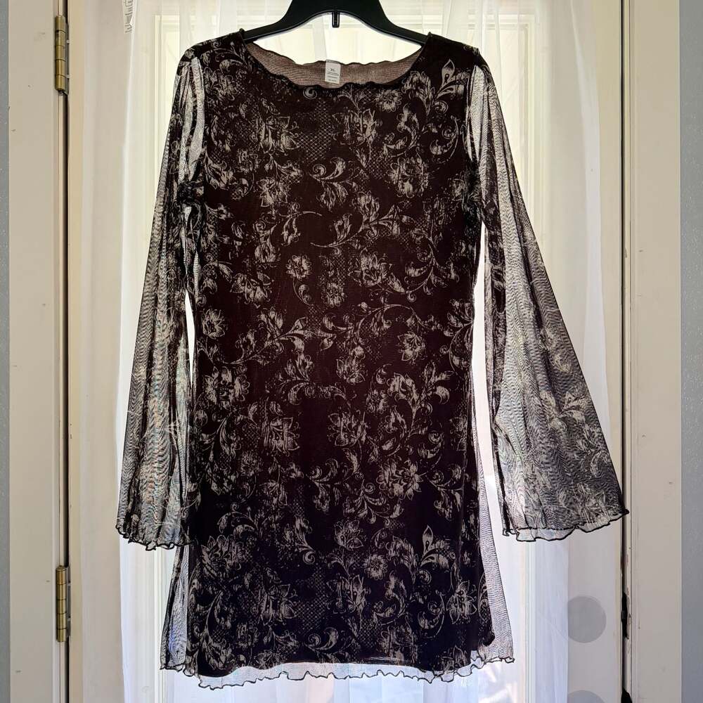 Floral Print Mesh Long Sleeve Mini Dress with Lettuce Edge